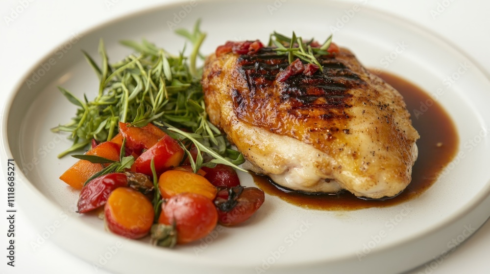 A grilled chicken breast served with roasted tomatoes and herbs on a white plate. A grilled chicken breast served with roasted tomatoes and herbs on a white plate.