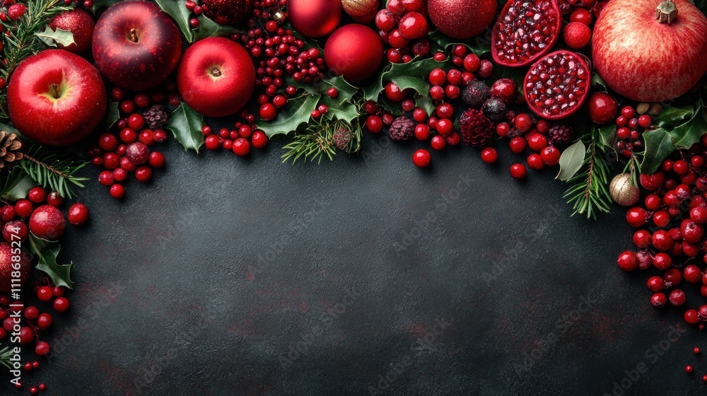 vibrant display of red apples, pomegranates, and berries combined with greenery creates an inviting atmosphere for winter festivities. Perfect for holiday decorations or seasonal recipes vibrant display of red apples, pomegranates, and berries combined with greenery creates an inviting atmosphere for winter festivities. Perfect for holiday decorations or seasonal recipes