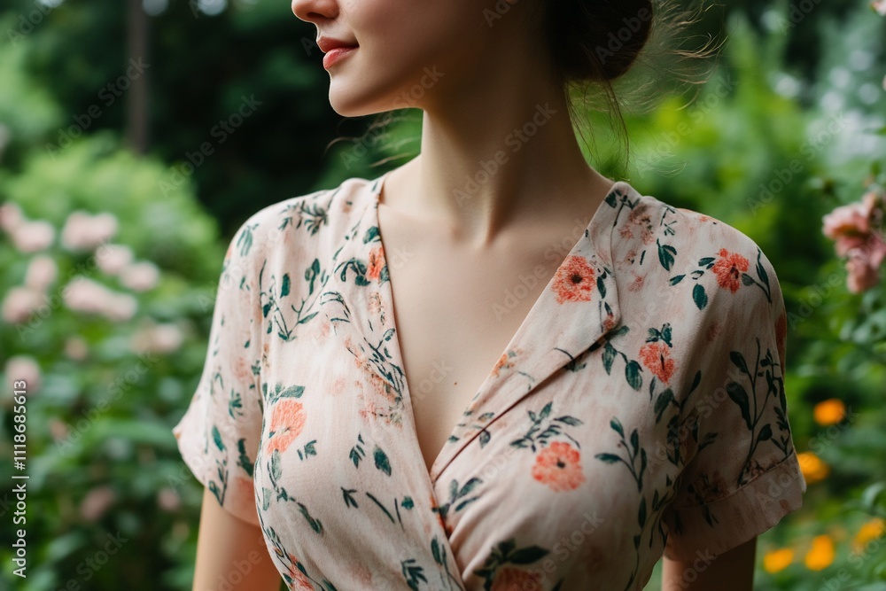 A woman in a floral dress poses gracefully amidst lush greenery. A woman in a floral dress poses gracefully amidst lush greenery.