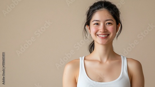 A smiling young woman in a white tank top against a neutral background.