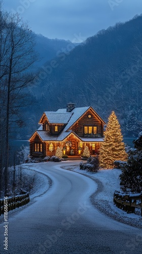 Cozy log cabin decorated with christmas lights in snowy mountain scenery at dusk