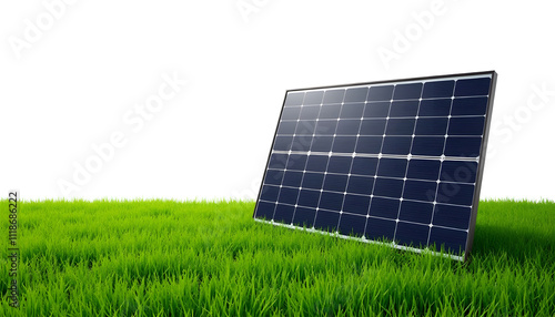 A Solar Panel Placed on a Lush Green Grass Field, Representing Clean Energy Solutions, Isolated on White Background photo