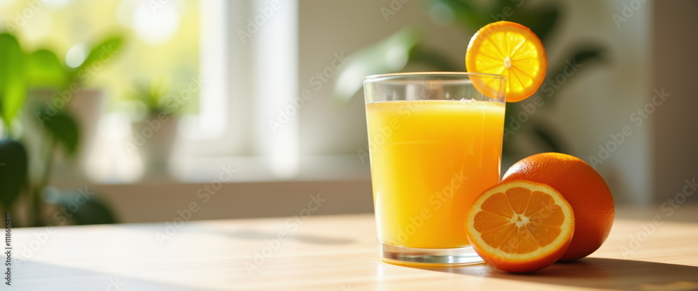 Fototapeta premium Fresh orange juice in glass with fruit slice and oranges