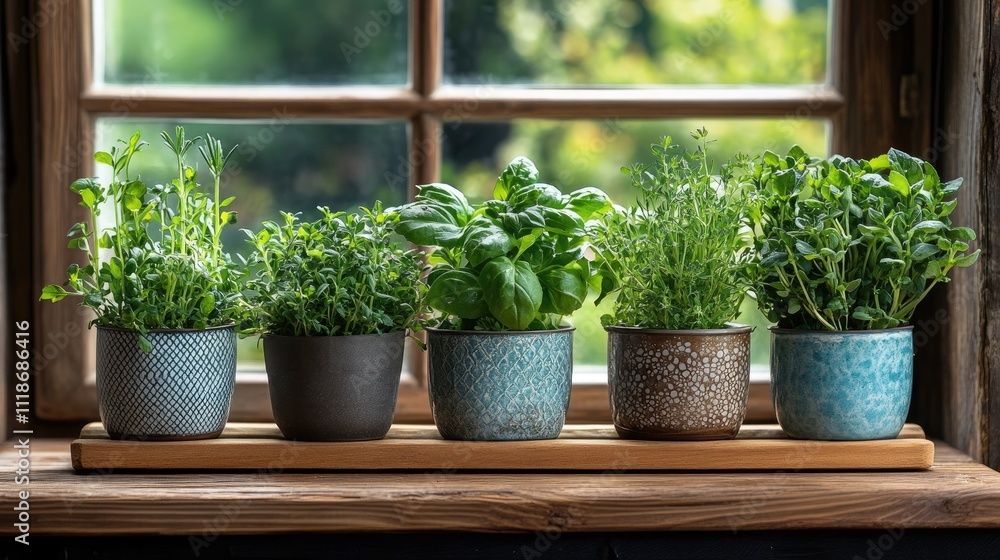 Fresh herbs growing in pots on windowsill bringing nature indoors Fresh herbs growing in pots on windowsill bringing nature indoors