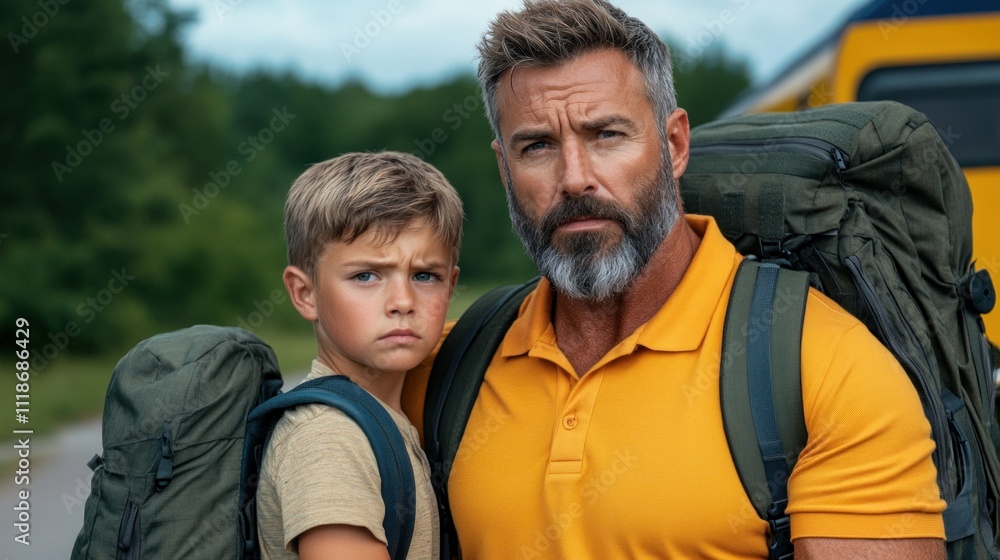 father and his son stand together along a rural path, both wearing backpacks, ready for an outdoor adventure. landscape is lush and green, indicating a perfect day for exploration father and his son stand together along a rural path, both wearing backpacks, ready for an outdoor adventure. landscape is lush and green, indicating a perfect day for exploration