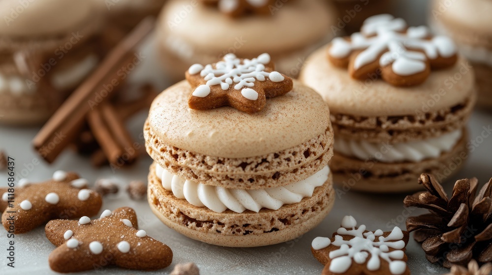 Delicious christmas macarons decorated with gingerbread snowflakes and cinnamon sticks Delicious christmas macarons decorated with gingerbread snowflakes and cinnamon sticks