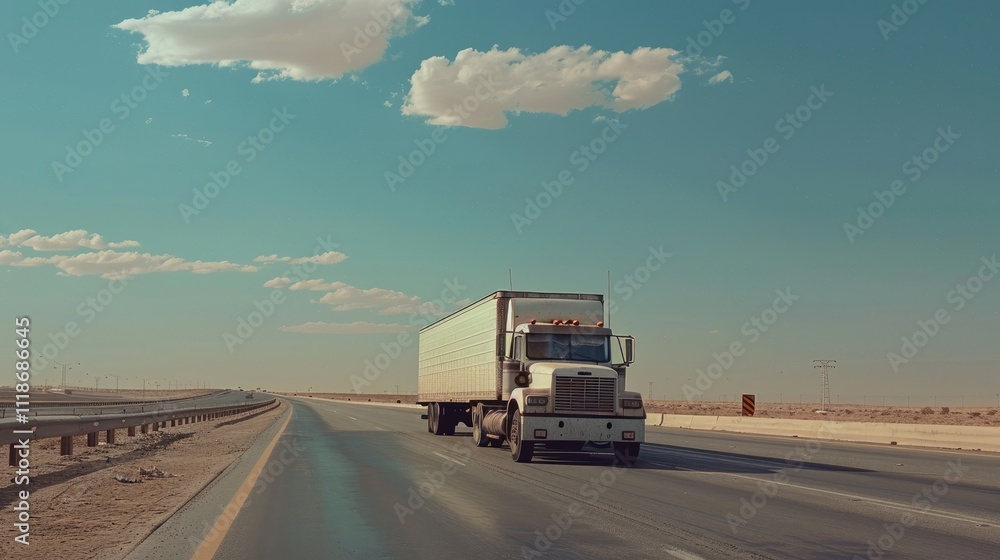 A white cargo truck with a white blank empty trailer for ad on a highway road in the united states. beautiful nature mountains and sky. golden hour sunset. driving in motion A white cargo truck with a white blank empty trailer for ad on a highway road in the united states. beautiful nature mountains and sky. golden hour sunset. driving in motion