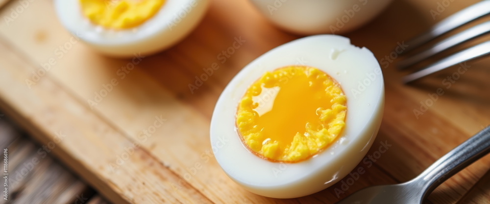 Halved boiled egg with runny yolk on wooden cutting board Halved boiled egg with runny yolk on wooden cutting board