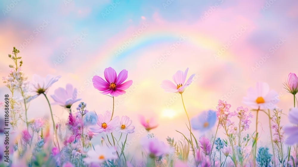 Wildflowers in pink and purple hues with a rainbow in the background, creating a colorful, uplifting spring scene. Wildflowers in pink and purple hues with a rainbow in the background, creating a colorful, uplifting spring scene.