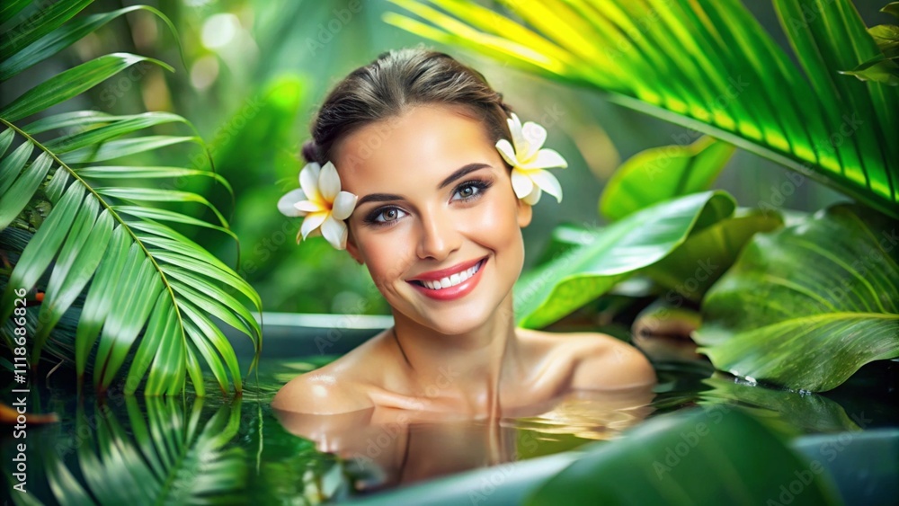young woman with flawless skin enjoys a tropical spa day surrounded by lush greenery. With a refreshing smile and natural makeup, she embodies wellness and femininity, highlighting fresh skincare and young woman with flawless skin enjoys a tropical spa day surrounded by lush greenery. With a refreshing smile and natural makeup, she embodies wellness and femininity, highlighting fresh skincare and