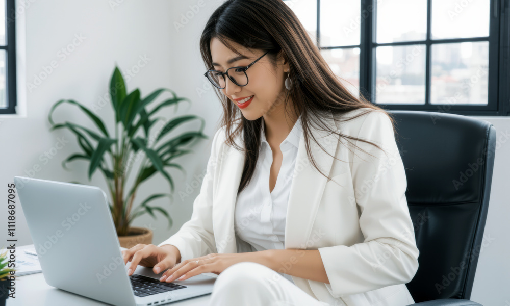 business woman in white suit sits at desk, working on laptop with smile. modern office features plant and large windows, creating bright atmosphere business woman in white suit sits at desk, working on laptop with smile. modern office features plant and large windows, creating bright atmosphere