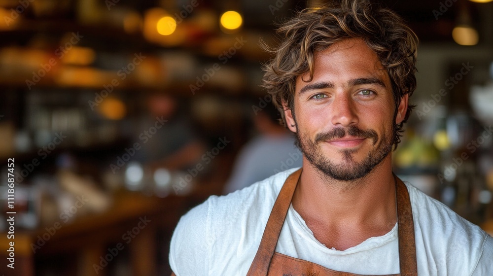 barista with tousled hair and a friendly smile stands behind the counter in a bustling coffee shop. warm glow of lights enhances the inviting atmosphere filled with patrons enjoying drinks barista with tousled hair and a friendly smile stands behind the counter in a bustling coffee shop. warm glow of lights enhances the inviting atmosphere filled with patrons enjoying drinks