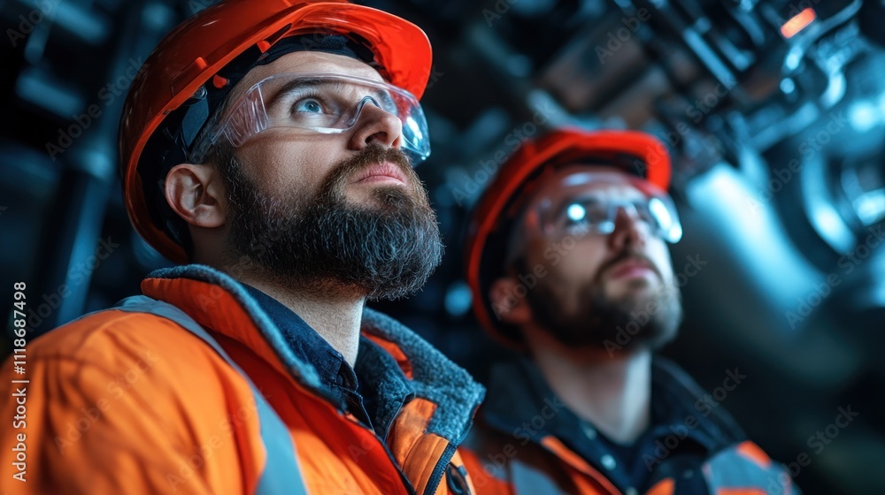 Two men wearing safety helmets and goggles are inspecting complex machinery in an industrial setting, focusing intently on their task while surrounded by equipment in low light Two men wearing safety helmets and goggles are inspecting complex machinery in an industrial setting, focusing intently on their task while surrounded by equipment in low light