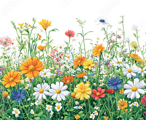 2d vector illustration of lots of colourful grass and flowers, without any dogs, High quality, highly detailed, UDH, 600dpi, 32kHD