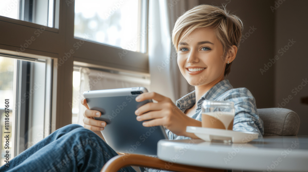 woman with short hair smiles while using tablet in coffee shop, enjoying drink. cozy atmosphere and natural light create warm ambiance woman with short hair smiles while using tablet in coffee shop, enjoying drink. cozy atmosphere and natural light create warm ambiance