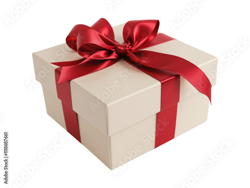 Elegant PNG Transparent Image of Cream-Colored Gift Box with Glossy Red Ribbon Bow - Perfect for Gift-Giving and Holiday Stock Photos