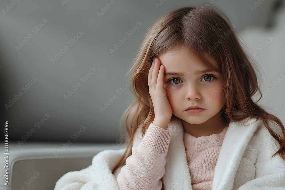 Little girl feeling sick touching forehead wearing bathrobe on sofa Little girl feeling sick touching forehead wearing bathrobe on sofa
