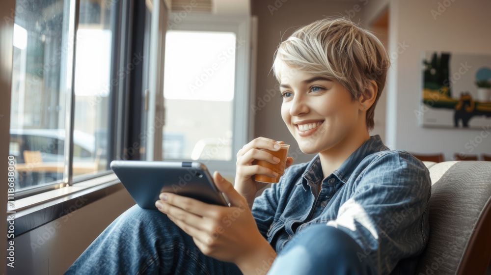 woman with short hair enjoys drink while using tablet in coffee shop, creating relaxed and cheerful atmosphere woman with short hair enjoys drink while using tablet in coffee shop, creating relaxed and cheerful atmosphere