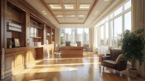 Sunlit executive office with wood furnishings, large windows, and city view.