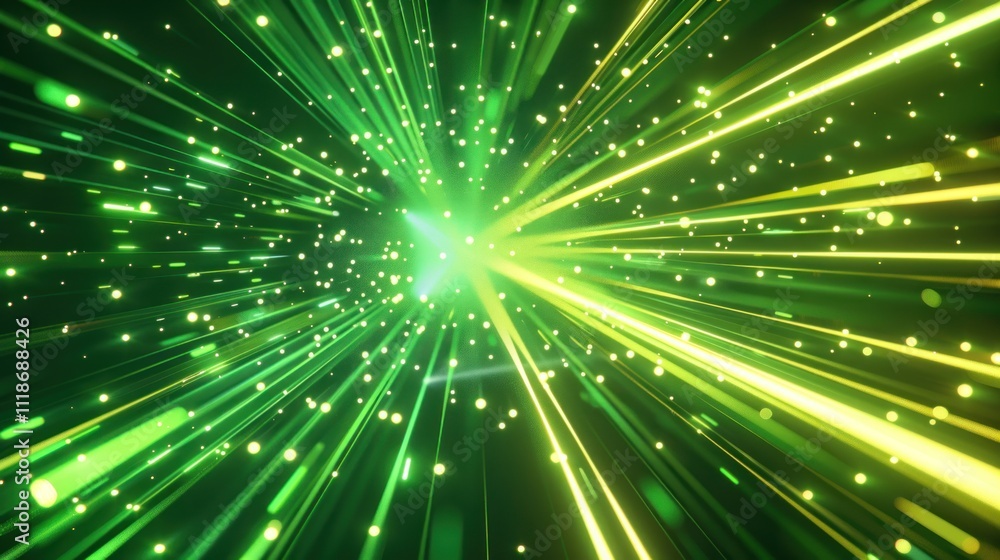 Fototapeta premium Abstract background with green light rays and yellow glow, representing speed of space time tunnel or energy flash.