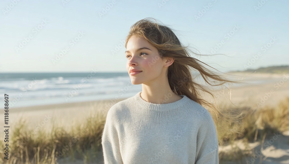 A woman stands on a beach, gazing thoughtfully at the ocean. A woman stands on a beach, gazing thoughtfully at the ocean.