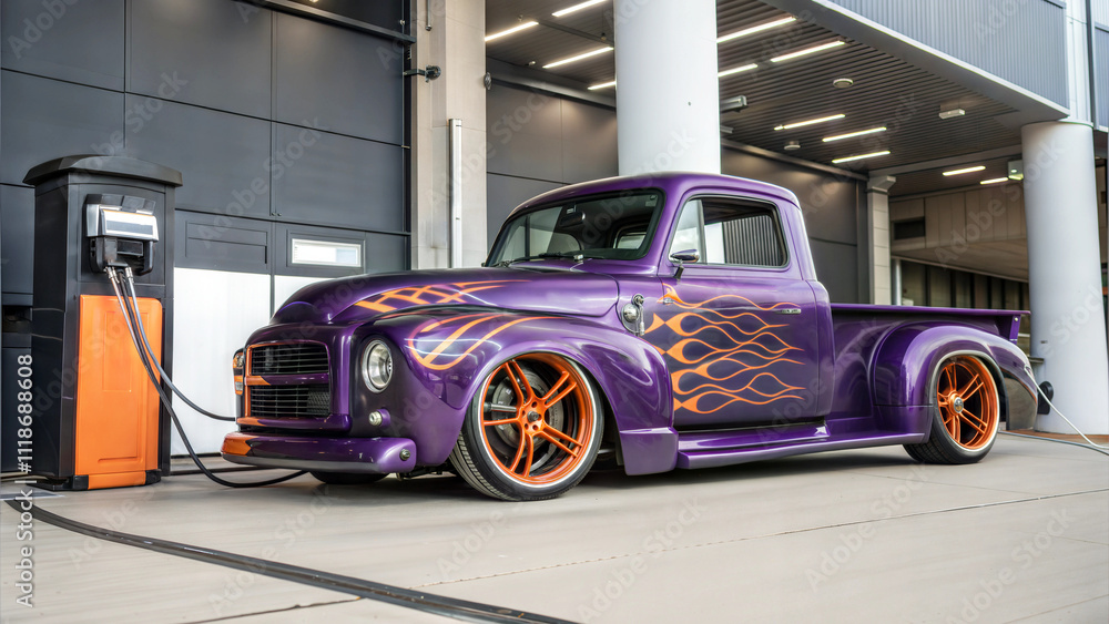 Beautiful purple vintage hot rod electric truck at charging station, automotive background, tuning template, auto transport