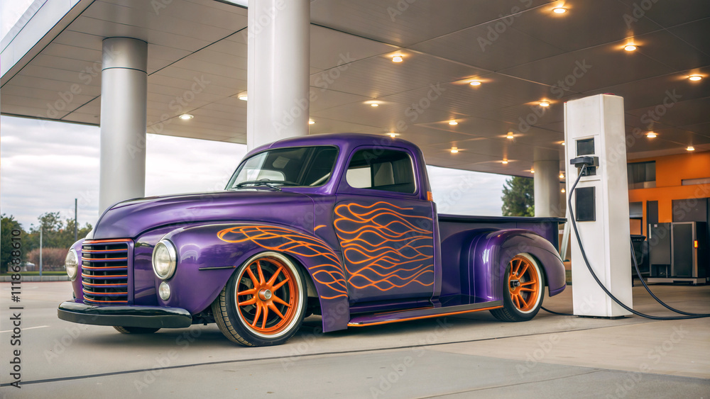 Beautiful purple vintage hot rod electric truck at charging station, automotive background, tuning template, auto transport