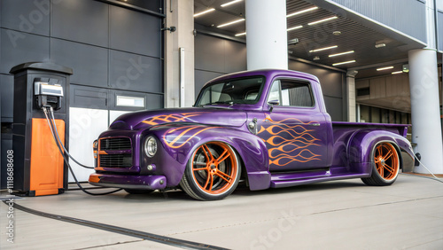 Obraz na płótnie Beautiful purple vintage hot rod electric truck at charging station, automotive background, tuning template, auto transport w salonie