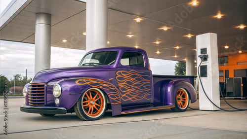 Obraz na płótnie Beautiful purple vintage hot rod electric truck at charging station, automotive background, tuning template, auto transport w salonie