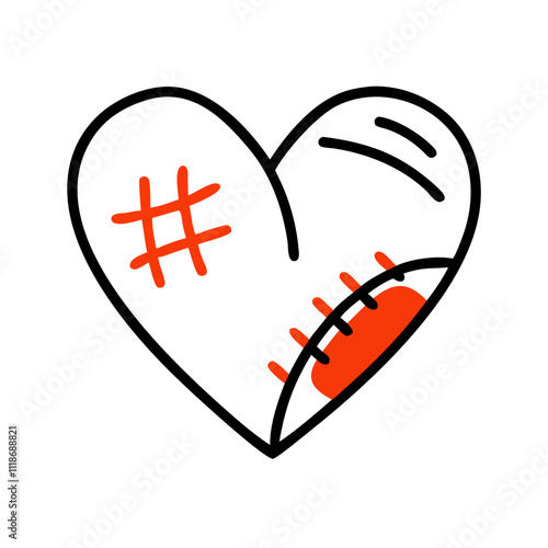 Scratched heart icon with red accents, symbolizing love with imperfections and resilience
