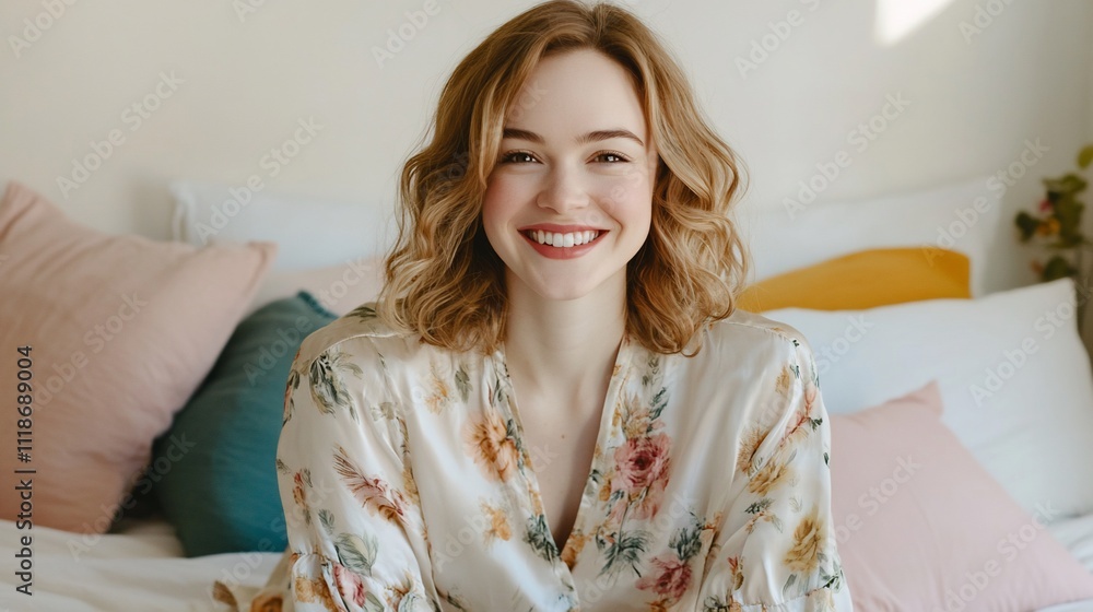 A smiling woman with wavy hair seated on a bed surrounded by pillows. A smiling woman with wavy hair seated on a bed surrounded by pillows.