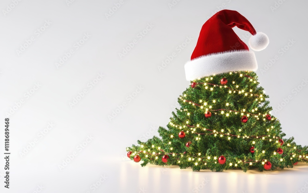 A flying Christmas tree wrapped in glowing garlands, with a large Santa hat floating above the top, clean white background A flying Christmas tree wrapped in glowing garlands, with a large Santa hat floating above the top, clean white background