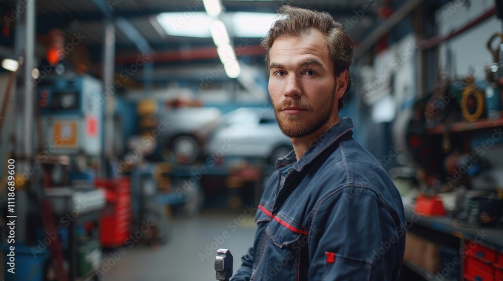 Obraz premium Portrait of a handsome mechanic using a ratchet in a spotless, contemporary car service garage