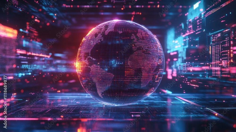 Obraz premium Futuristic digital globe surrounded by data streams and code.