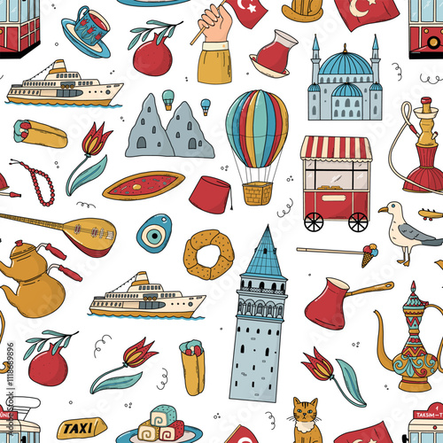 Turkiye doodles seamless pattern for textile prints, wallpaper, wrapping paper, packaging, backgrounds, stationery, etc. EPS 10