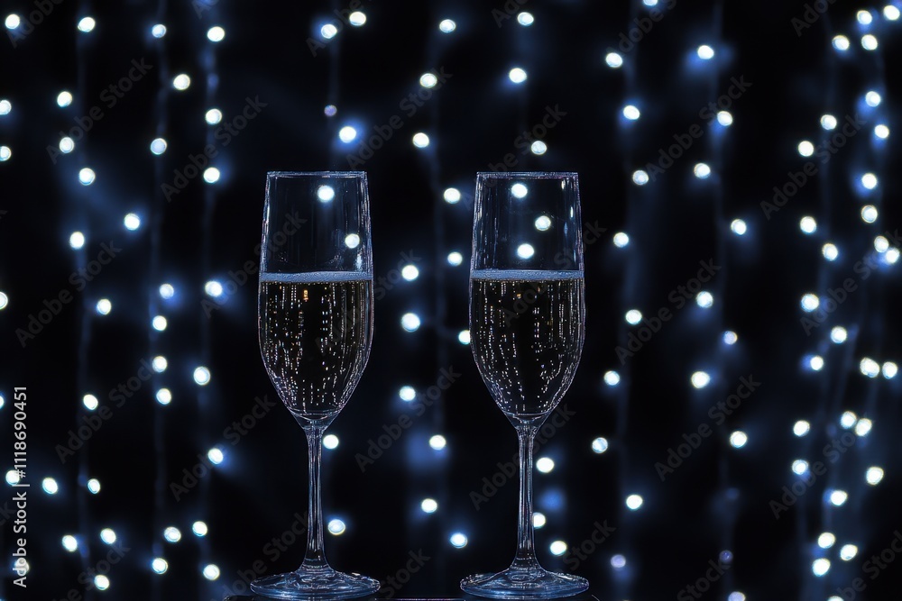 Two champagne glasses on a black background with fairy lights, copy space for text Generative AI Two champagne glasses on a black background with fairy lights, copy space for text Generative AI