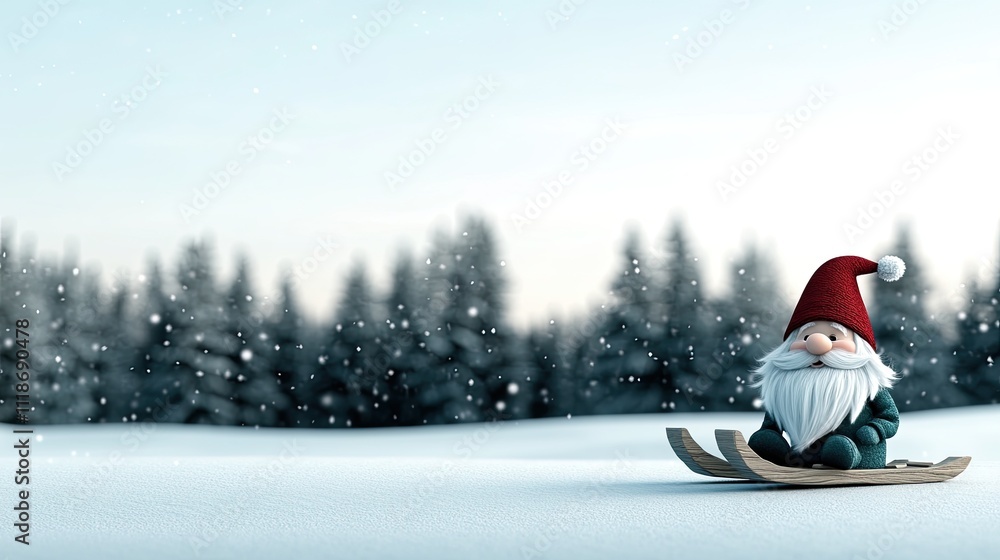 Cute gnome with a white beard wears a red hat and green sweater, joyfully sledding down a snowy hill surrounded by pine trees Cute gnome with a white beard wears a red hat and green sweater, joyfully sledding down a snowy hill surrounded by pine trees