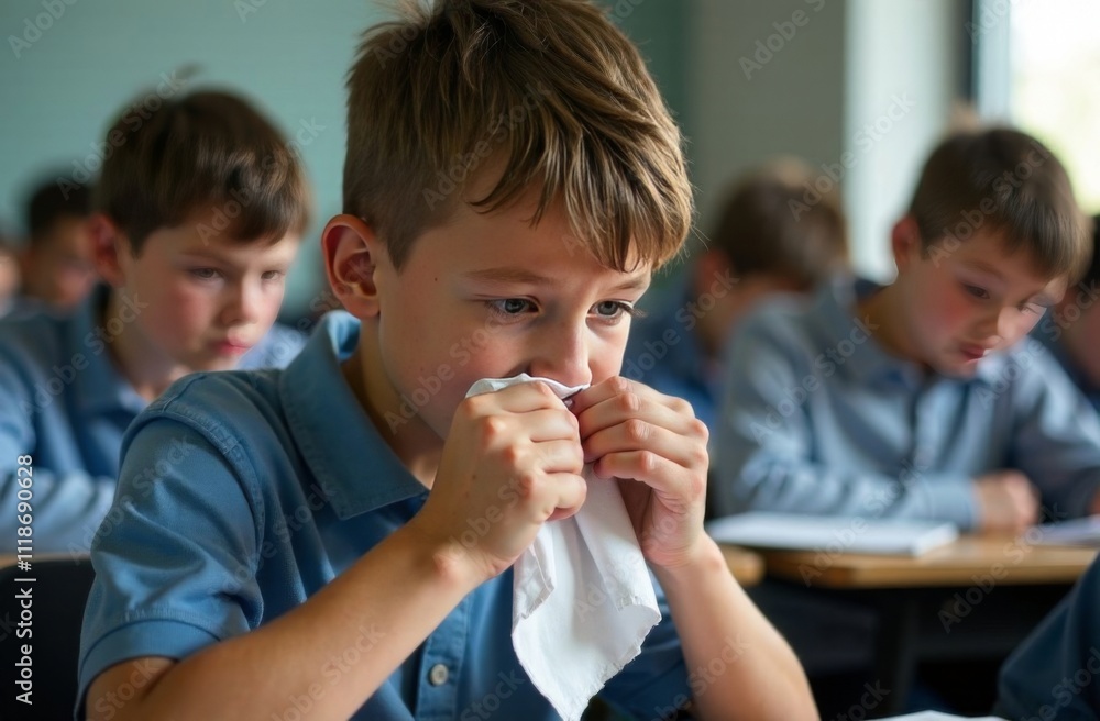A schoolboy with a cold and fever with a handkerchief sits in the classroom at the table during lessons A schoolboy with a cold and fever with a handkerchief sits in the classroom at the table during lessons