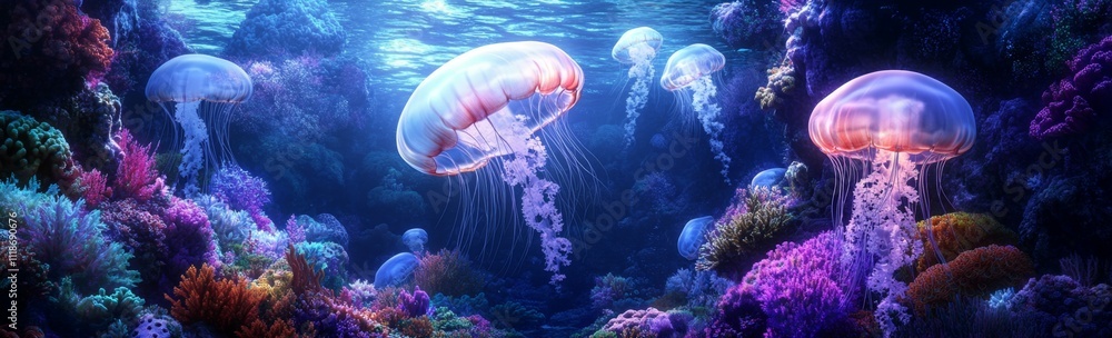 Illuminated jellyfish gliding through vibrant coral reefs underwater Illuminated jellyfish gliding through vibrant coral reefs underwater