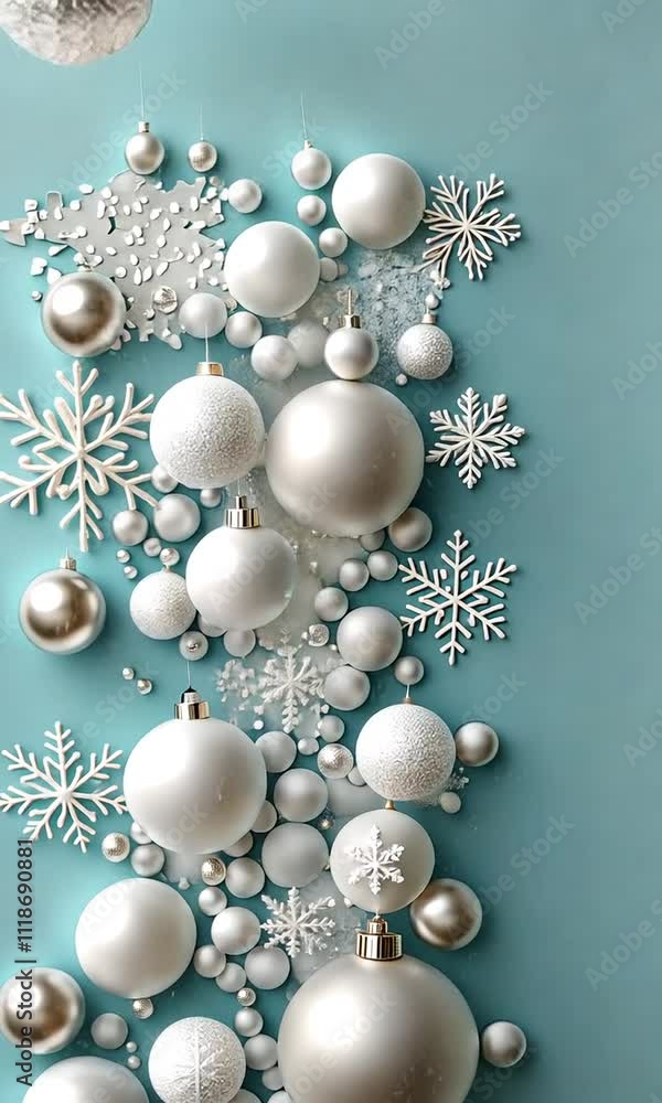 A beautiful display of white and silver holiday ornaments mixed with snowflakes, creating a delicate winter-themed arrangement A beautiful display of white and silver holiday ornaments mixed with snowflakes, creating a delicate winter-themed arrangement
