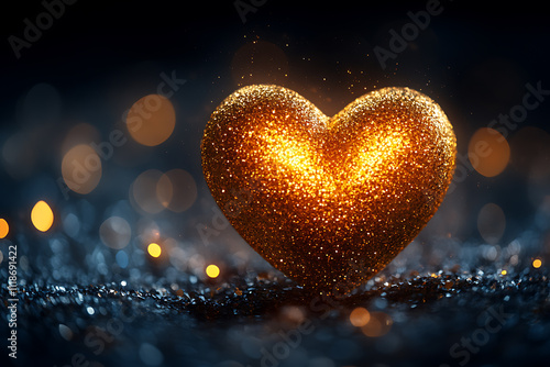 A dazzling Valentine’s Day design featuring a golden sparkling heart surrounded by shimmering particles on a dark background, symbolizing luxury and timeless romance.