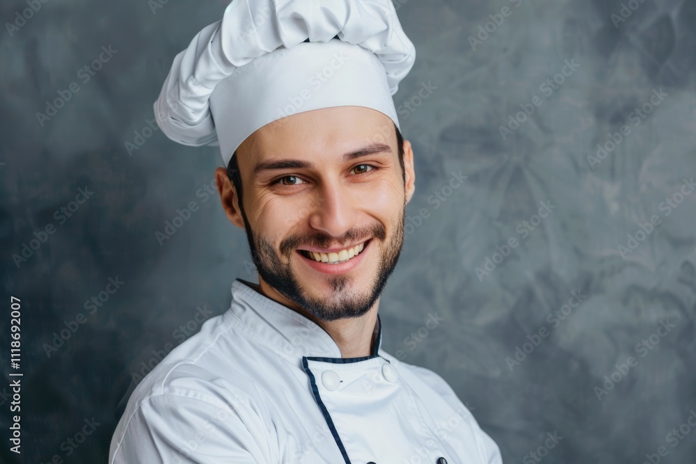 Happy male chef in toque and jacket cooking. Happy male chef in toque and jacket cooking.