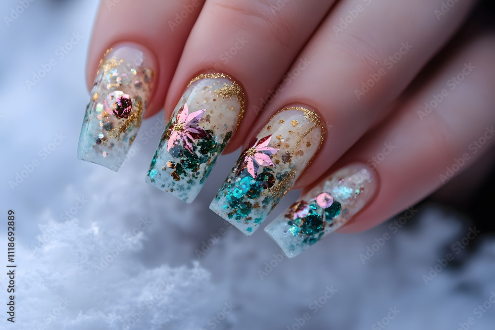 A close-up of beautifully manicured nails featuring glitter and floral decorations. A close-up of beautifully manicured nails featuring glitter and floral decorations.