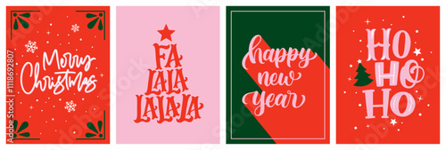 A Modern Set of Festive Hand Lettering Christmas Cards in Red, Pink and Green