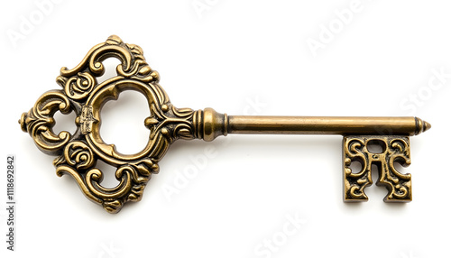 A Vintage Golden Key with an Ornate Design and Intricate Details, Symbolizing Mystery and Access, Isolated on White Background photo