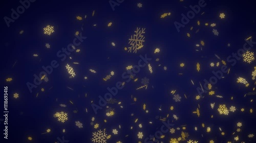 Gold Snowflakes falling on blue background 4K