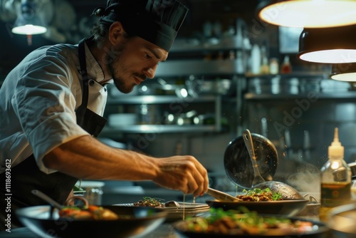 Side view of man in hat serving meal in restaurant kitchen pouring dishes with sauce