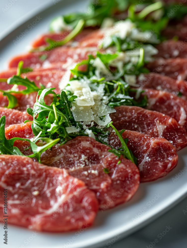 Thin slices of beef carpaccio with arugula and cheese. Thin slices of beef carpaccio with arugula and cheese.