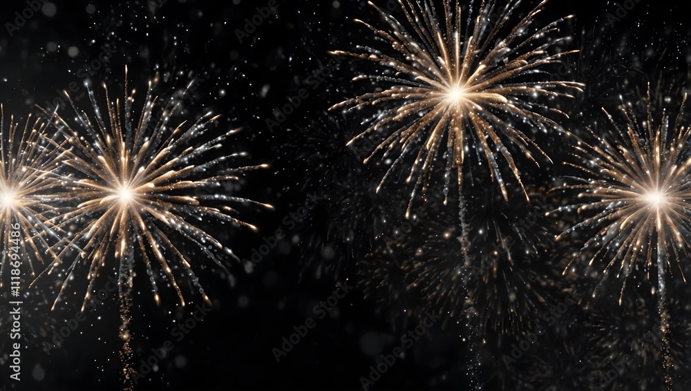 Several fireworks bursts of gold and silver explode against a black night sky.
Several fireworks bursts of gold and silver explode against a black night sky.