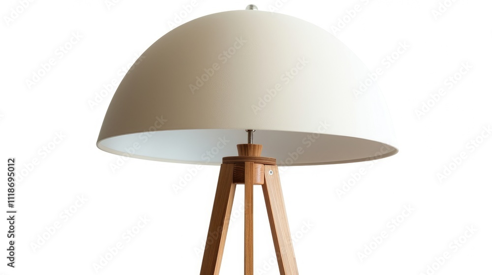 Close-up of a light beige dome lampshade atop a wooden tripod floor lamp. Close-up of a light beige dome lampshade atop a wooden tripod floor lamp.